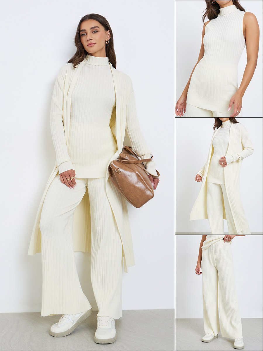 Set of 3 - Ribbed Knit Top, Cardigan and Pants