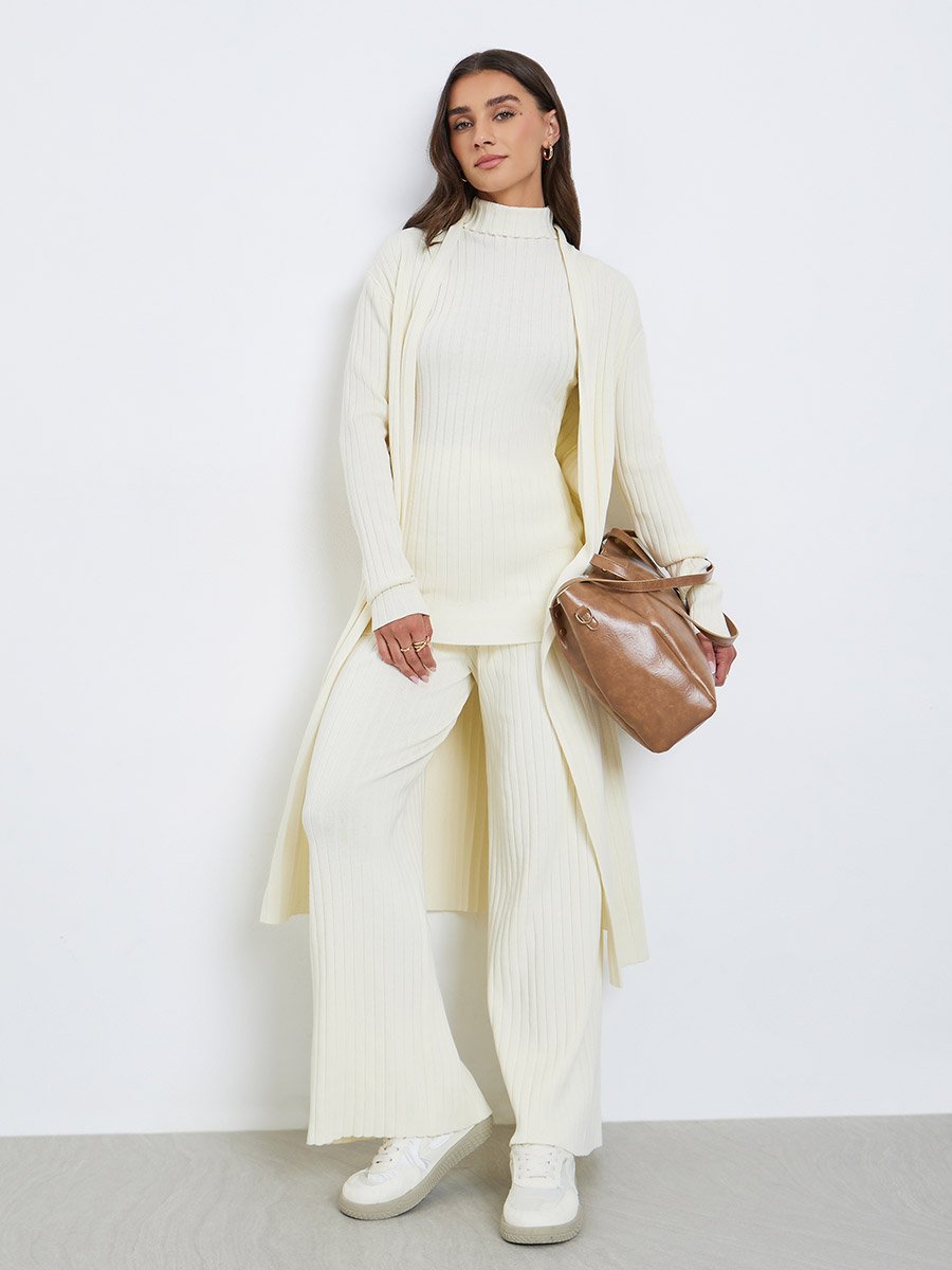 Set of 3 - Ribbed Knit Top, Cardigan and Pants