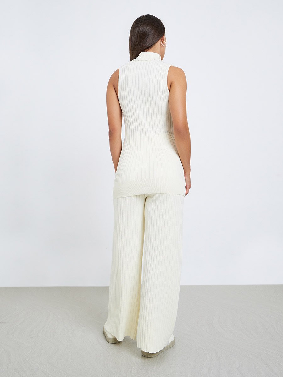 Set of 3 - Ribbed Knit Top, Cardigan and Pants