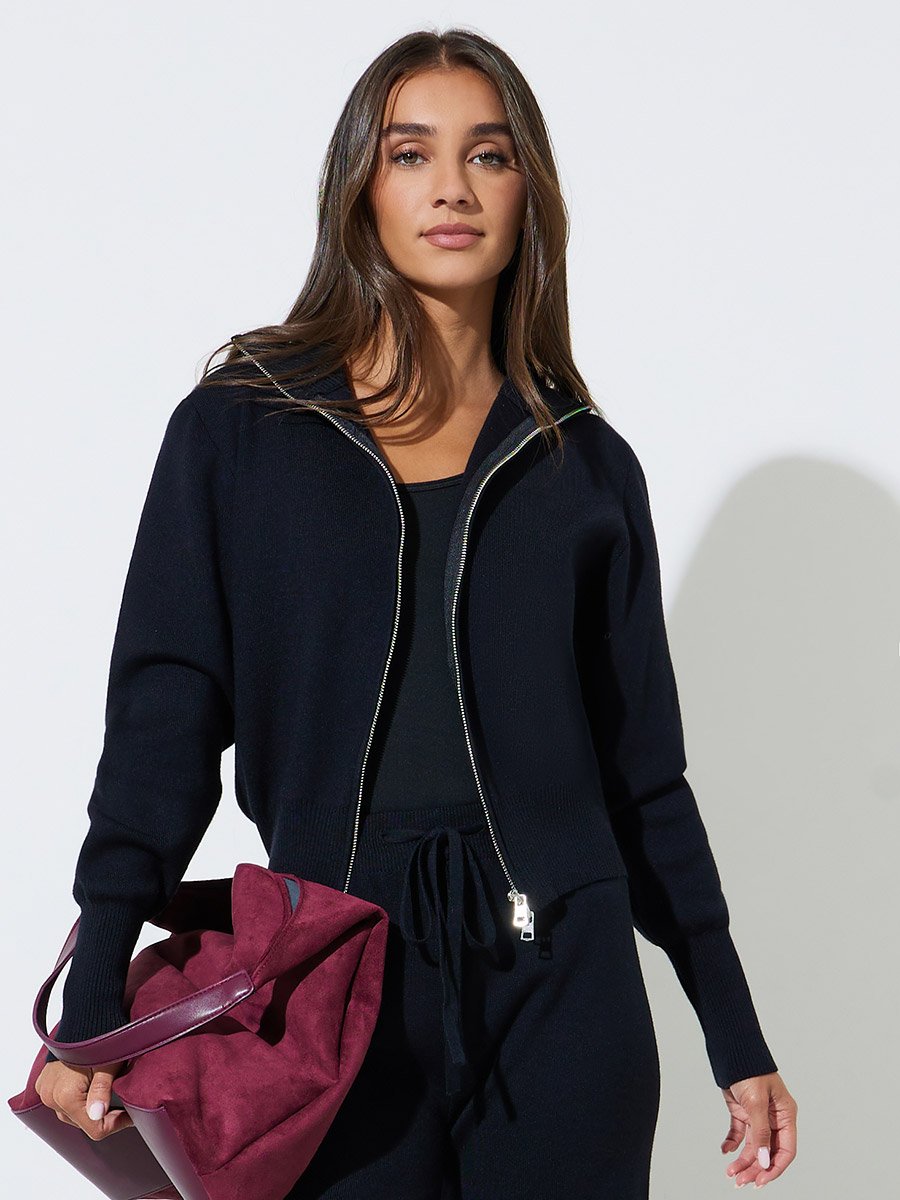 Black Knit Zip-Up Sweater and Pants Co-Ord Set