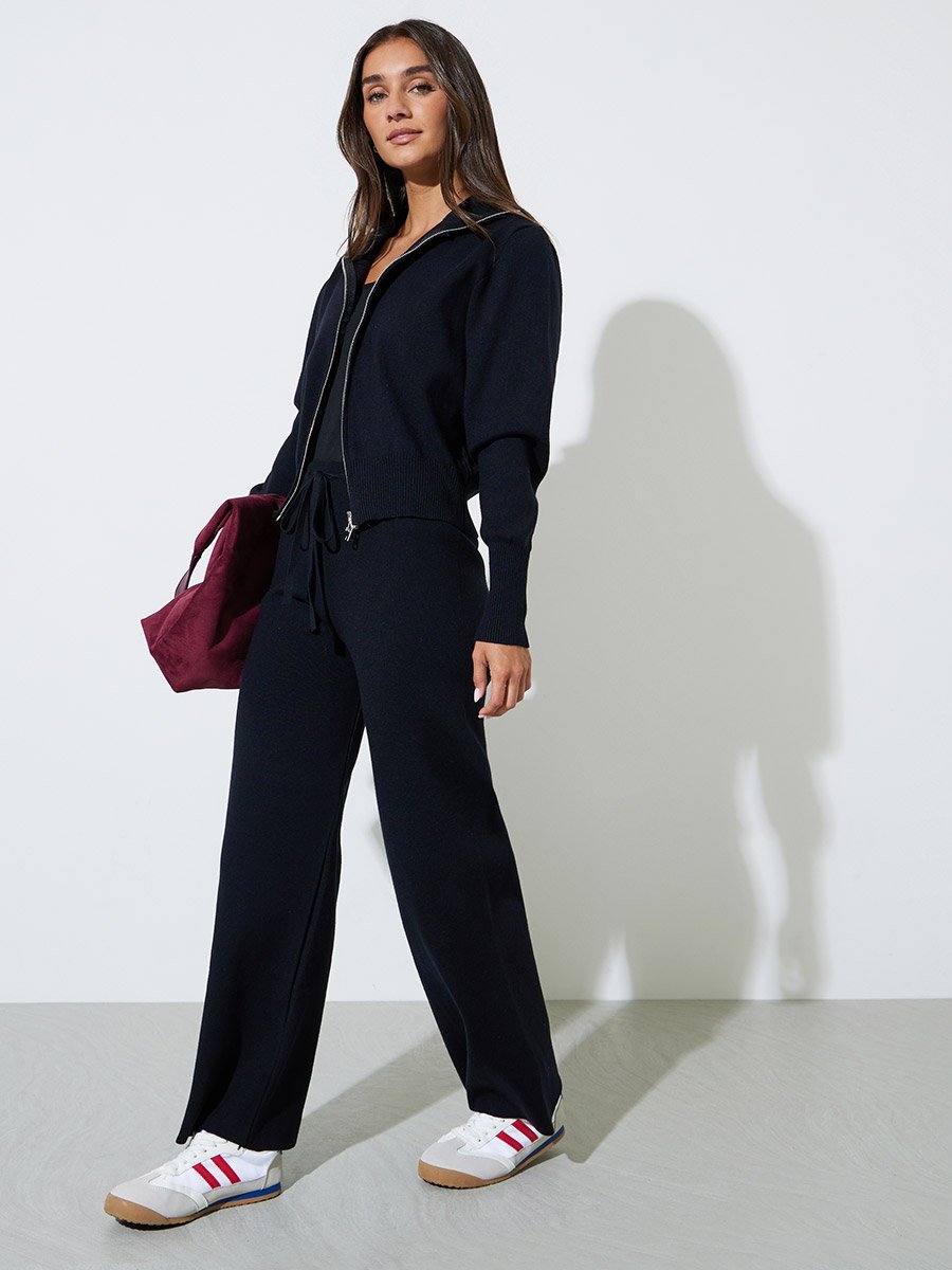 Black Knit Zip-Up Sweater and Pants Co-Ord Set
