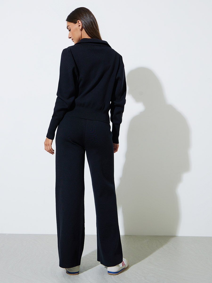 Black Knit Zip-Up Sweater and Pants Co-Ord Set