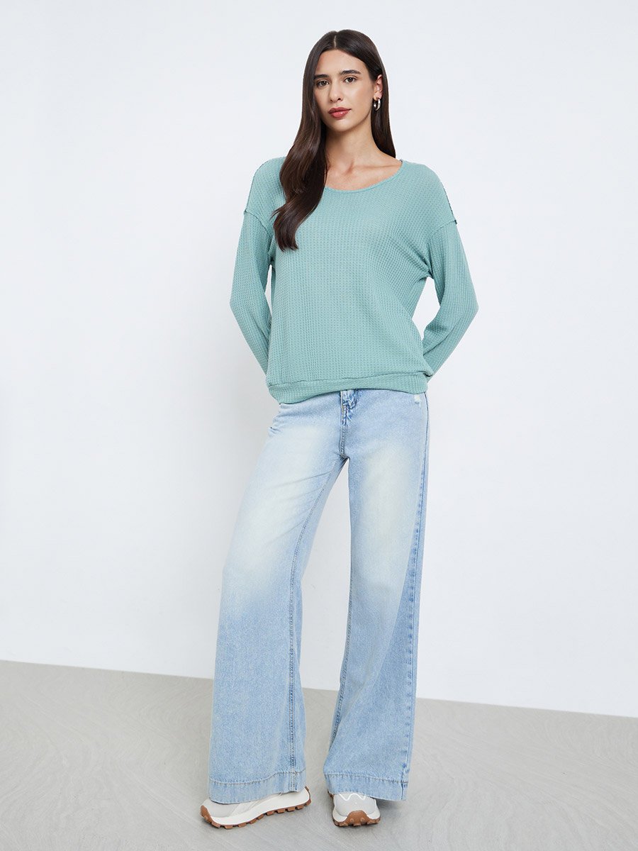 Green Waffle Knit Sweatshirt with Dropped Shoulder