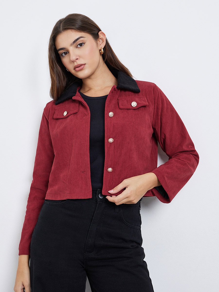 Women Red Solid Cropped Corduroy Jacket with Contrast Collar