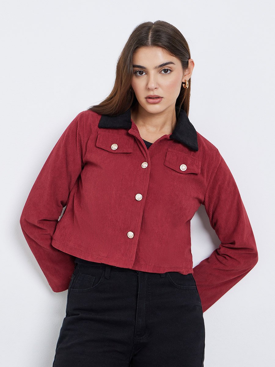 Women Red Solid Cropped Corduroy Jacket with Contrast Collar