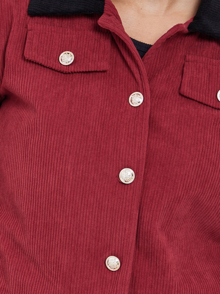 Women Red Solid Cropped Corduroy Jacket with Contrast Collar