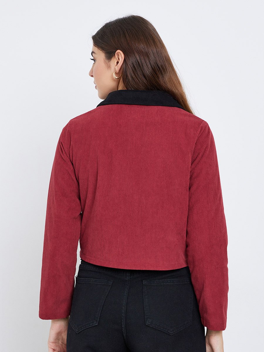 Women Red Solid Cropped Corduroy Jacket with Contrast Collar