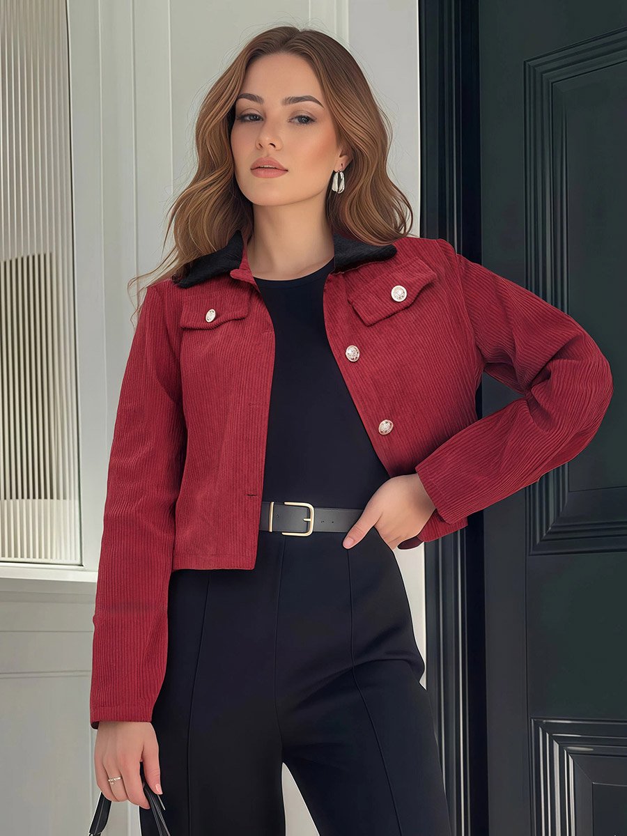 Women Red Solid Cropped Corduroy Jacket with Contrast Collar