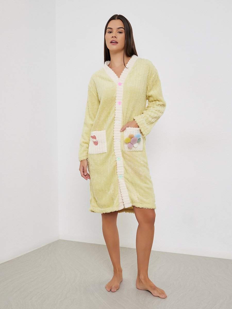 3D Flower Pocket Detail Fleece Button-Up Cardigan Robe