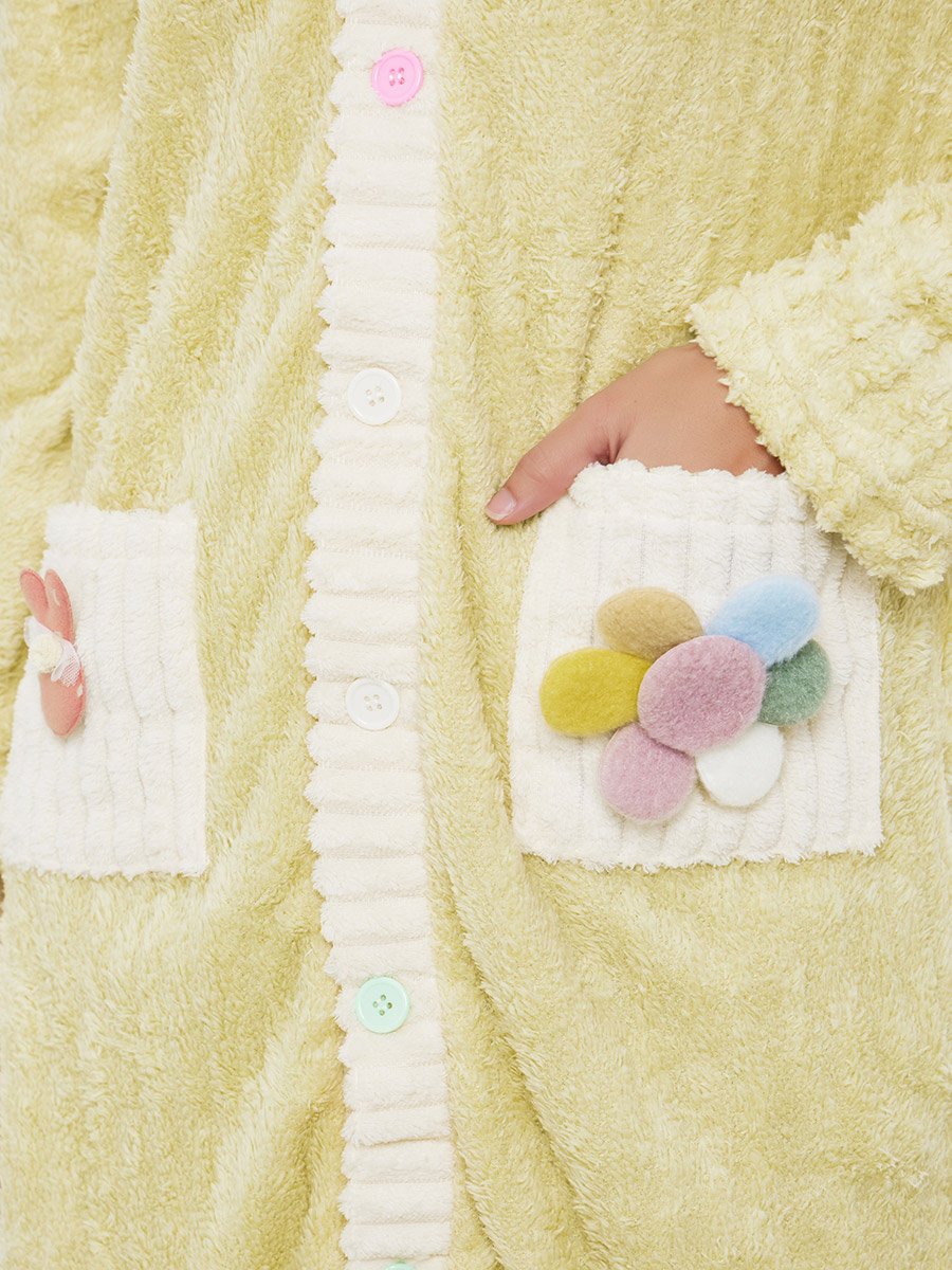 3D Flower Pocket Detail Fleece Button-Up Cardigan Robe