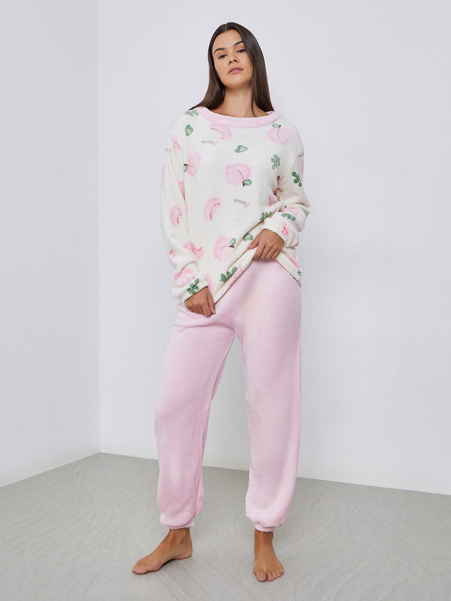 Peach Print Fleece Top and Cuffed Pyjama Set