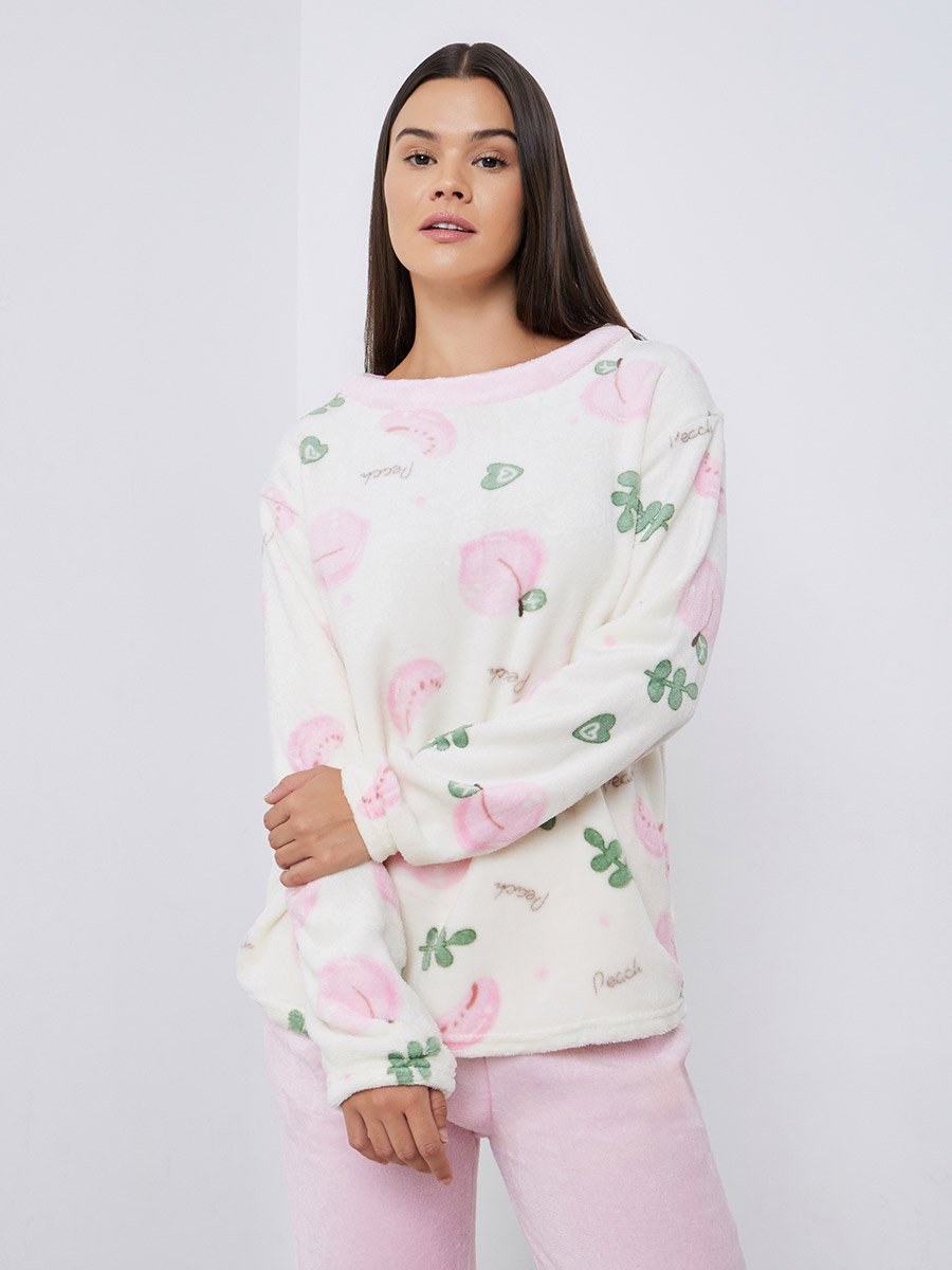 Peach Print Fleece Top and Cuffed Pyjama Set
