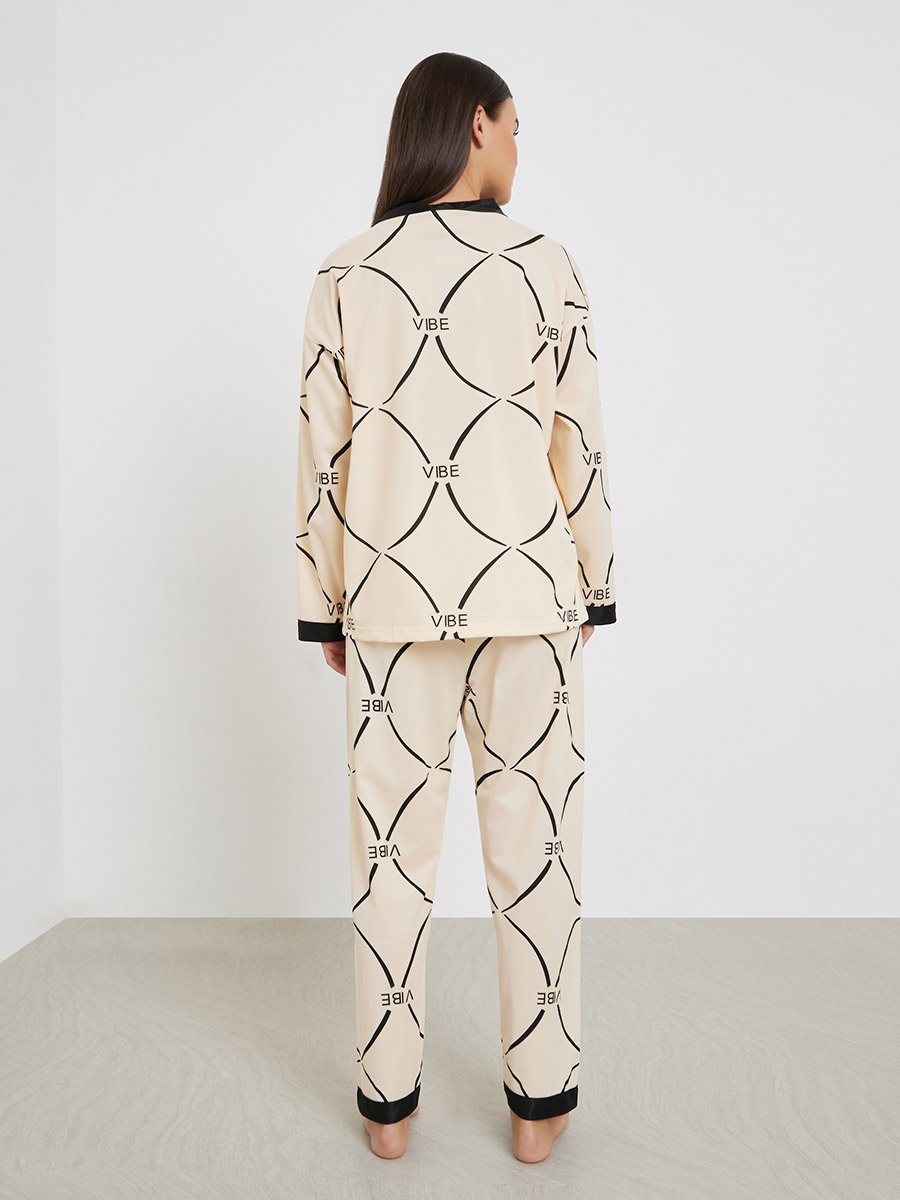 Printed V Neck Shirt and Pyjama Set