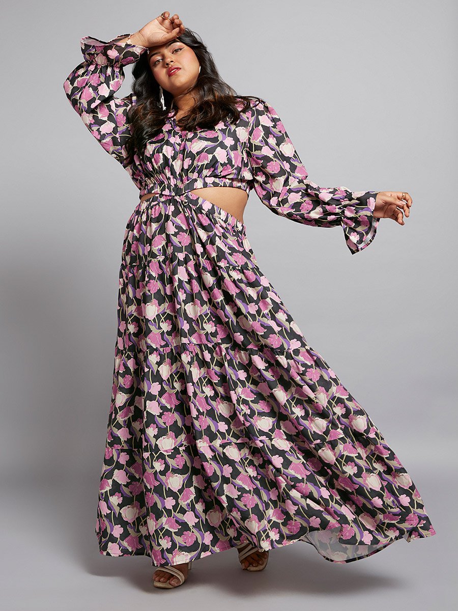 Plus Size Floral Print Waist Cut-Out Maxi Dress