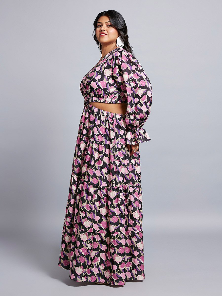 Plus Size Floral Print Waist Cut-Out Maxi Dress