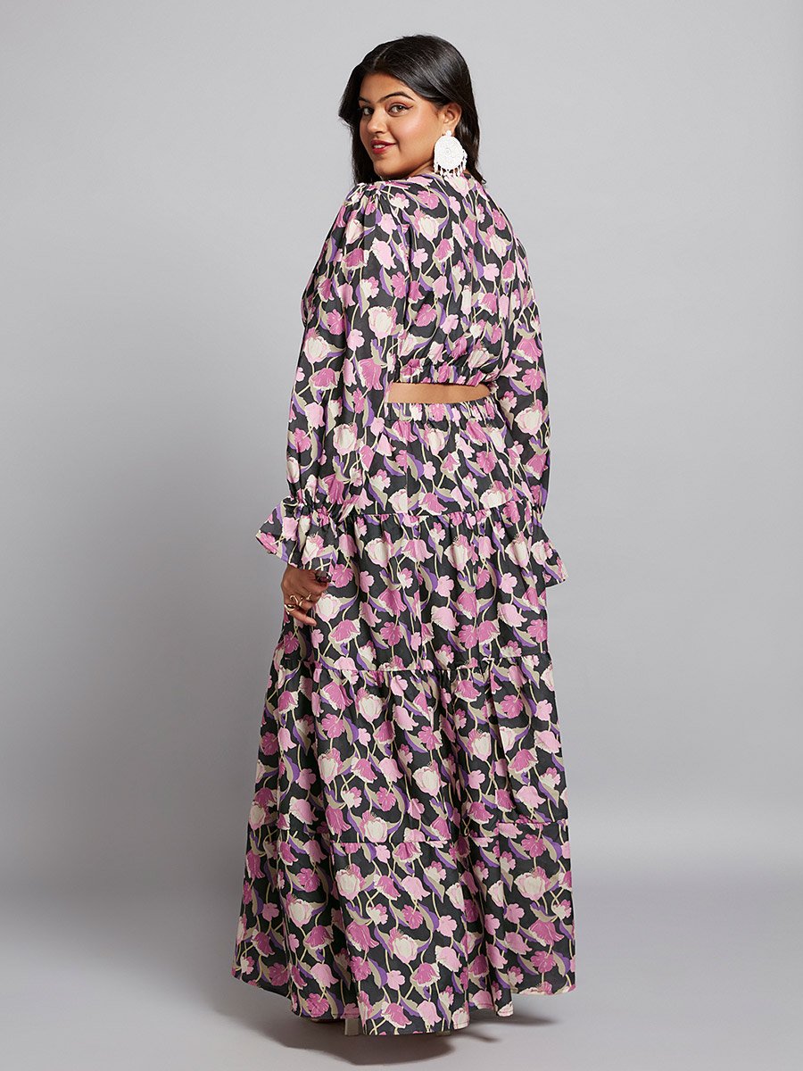 Plus Size Floral Print Waist Cut-Out Maxi Dress