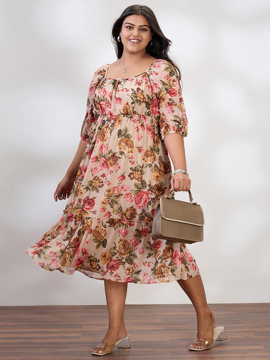 Plus Size Beige Floral Print Midi Dress For Women at UAE | Styli Plus Size Beige Floral Print Midi Dress For Women at UAE | Styli