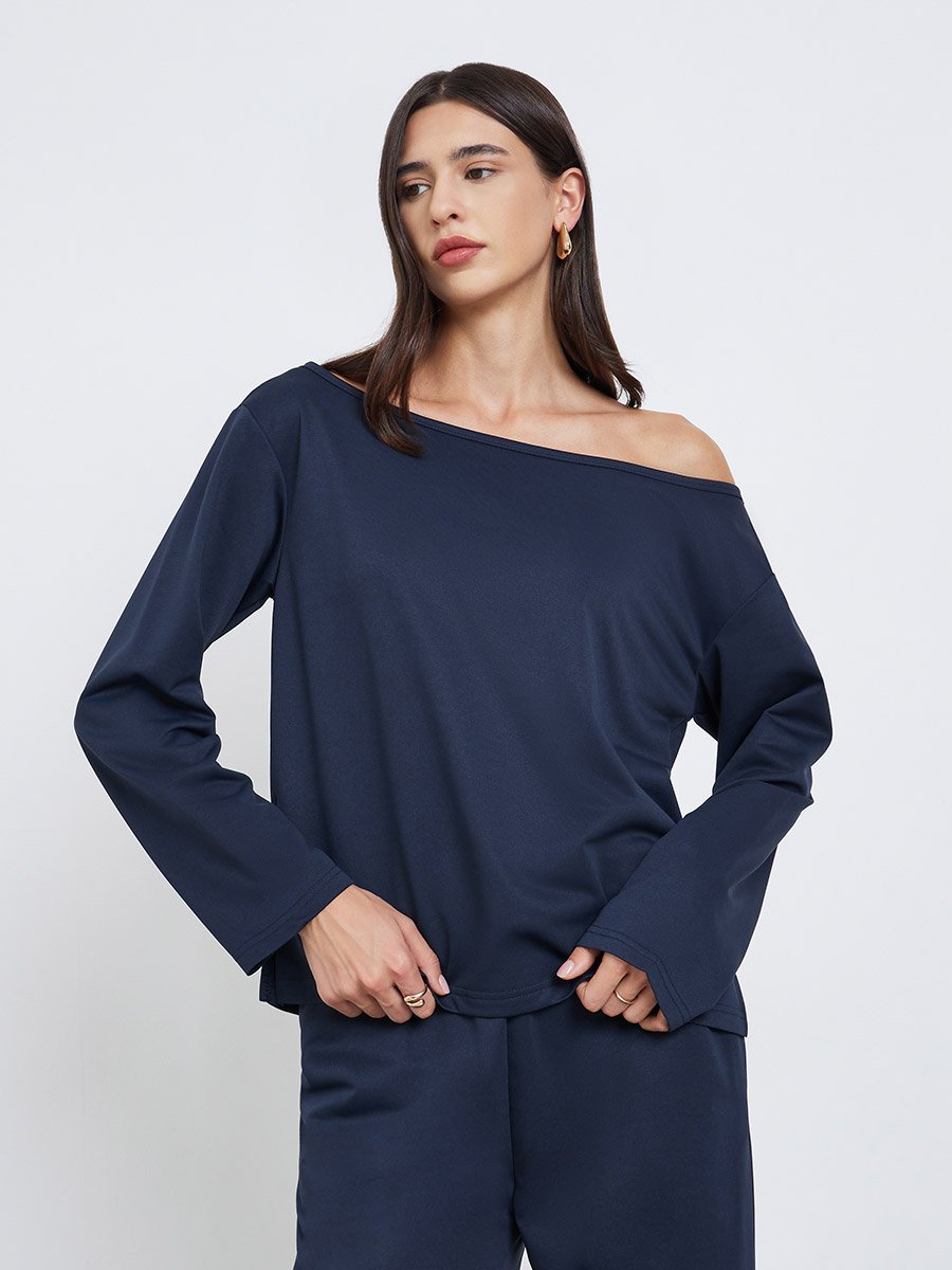 Dark Blue Asymmetric Neck Top and Joggers Co-ords