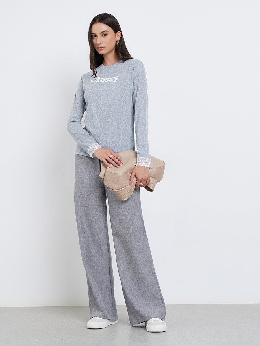Grey Typography Print Lace Cuffs Regular Fit T-Shirt
