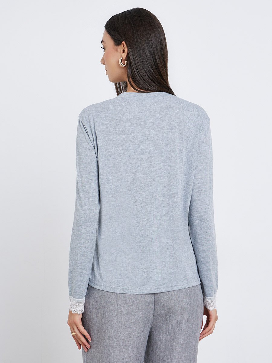 Grey Typography Print Lace Cuffs Regular Fit T-Shirt