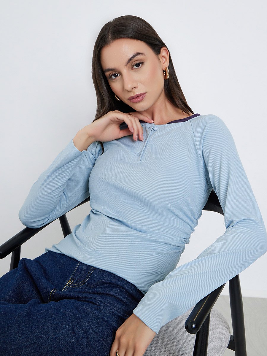 Blue Long Sleeve Henley T-Shirt