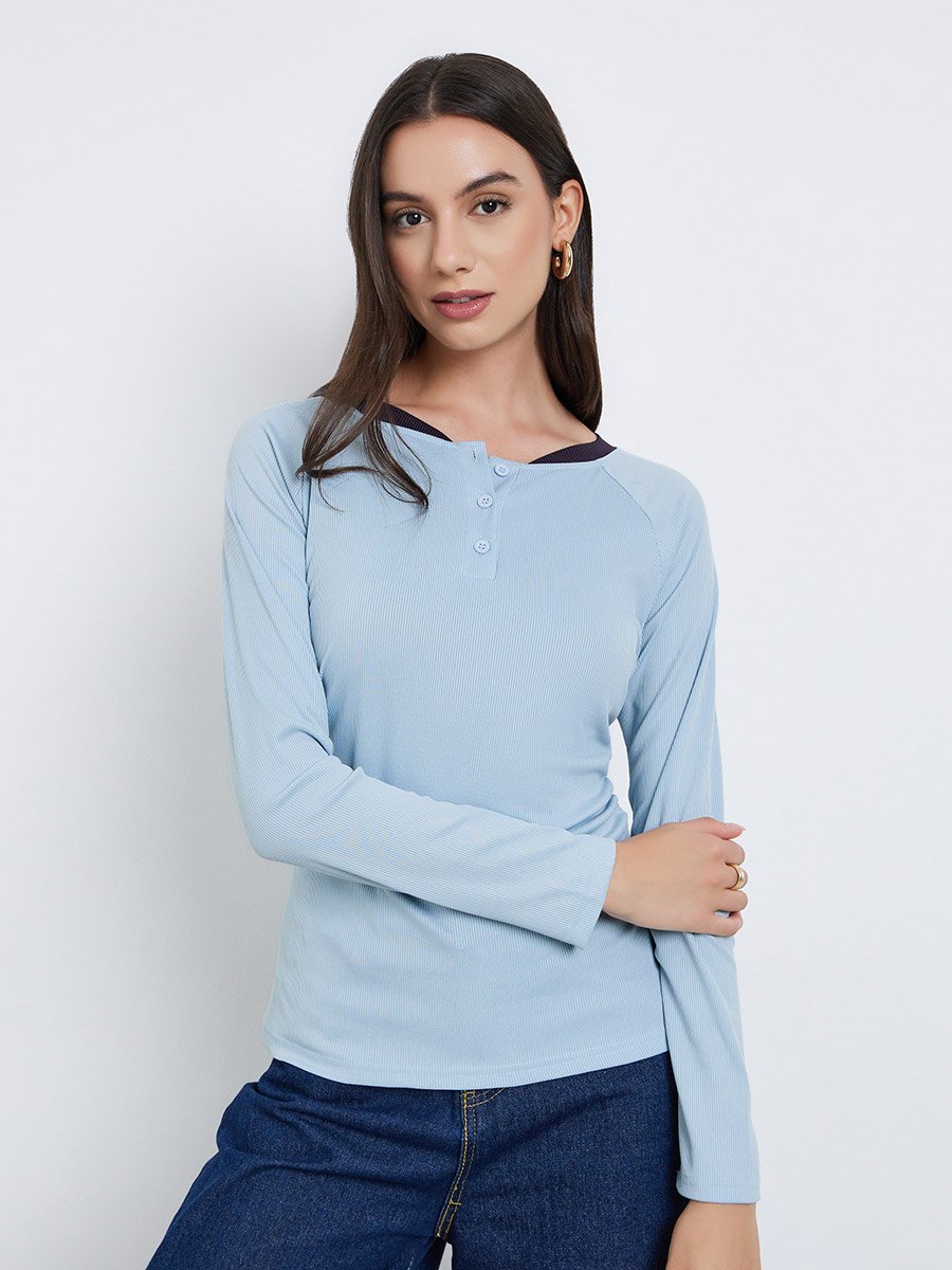 Blue Long Sleeve Henley T-Shirt