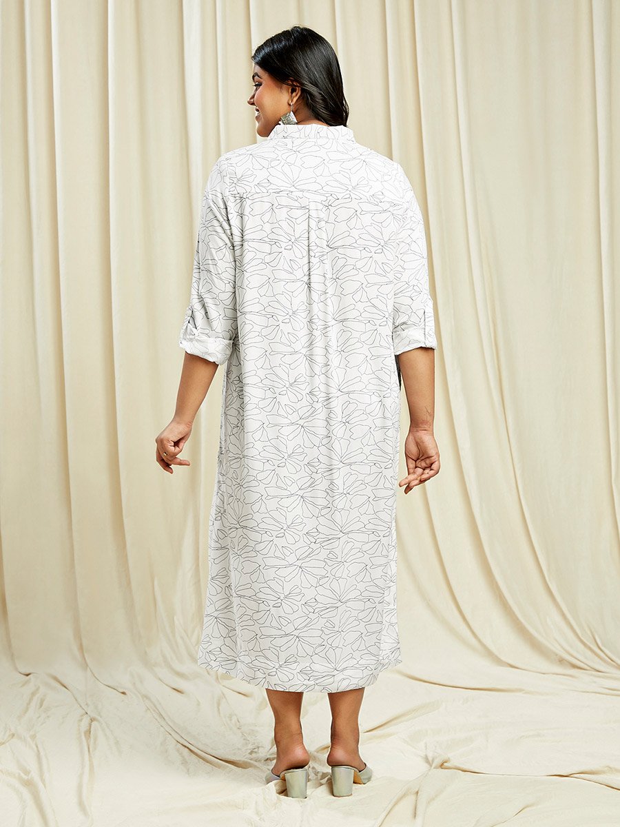 Plus Size White All Over Print Shirt Midi Dress