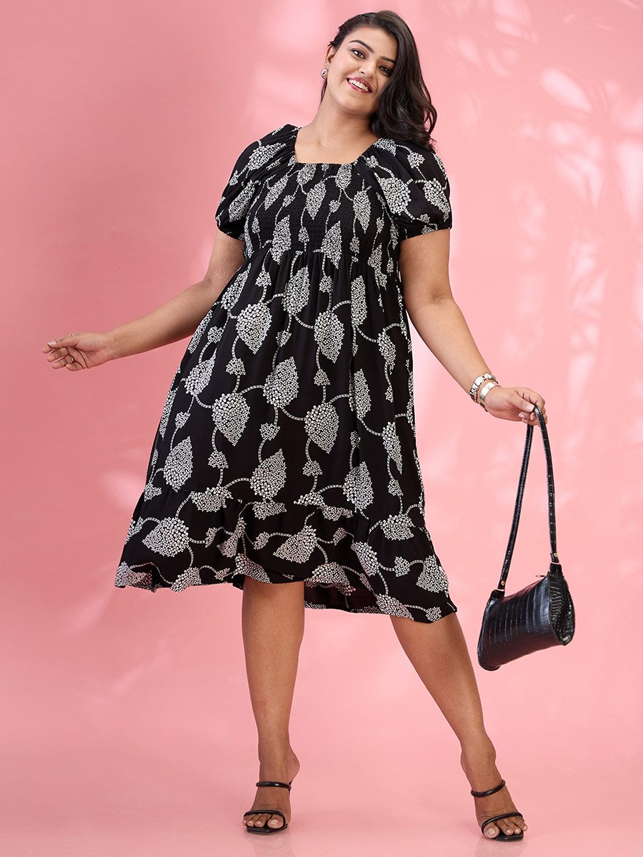 Plus Size Black Square Neck Smocked Dress