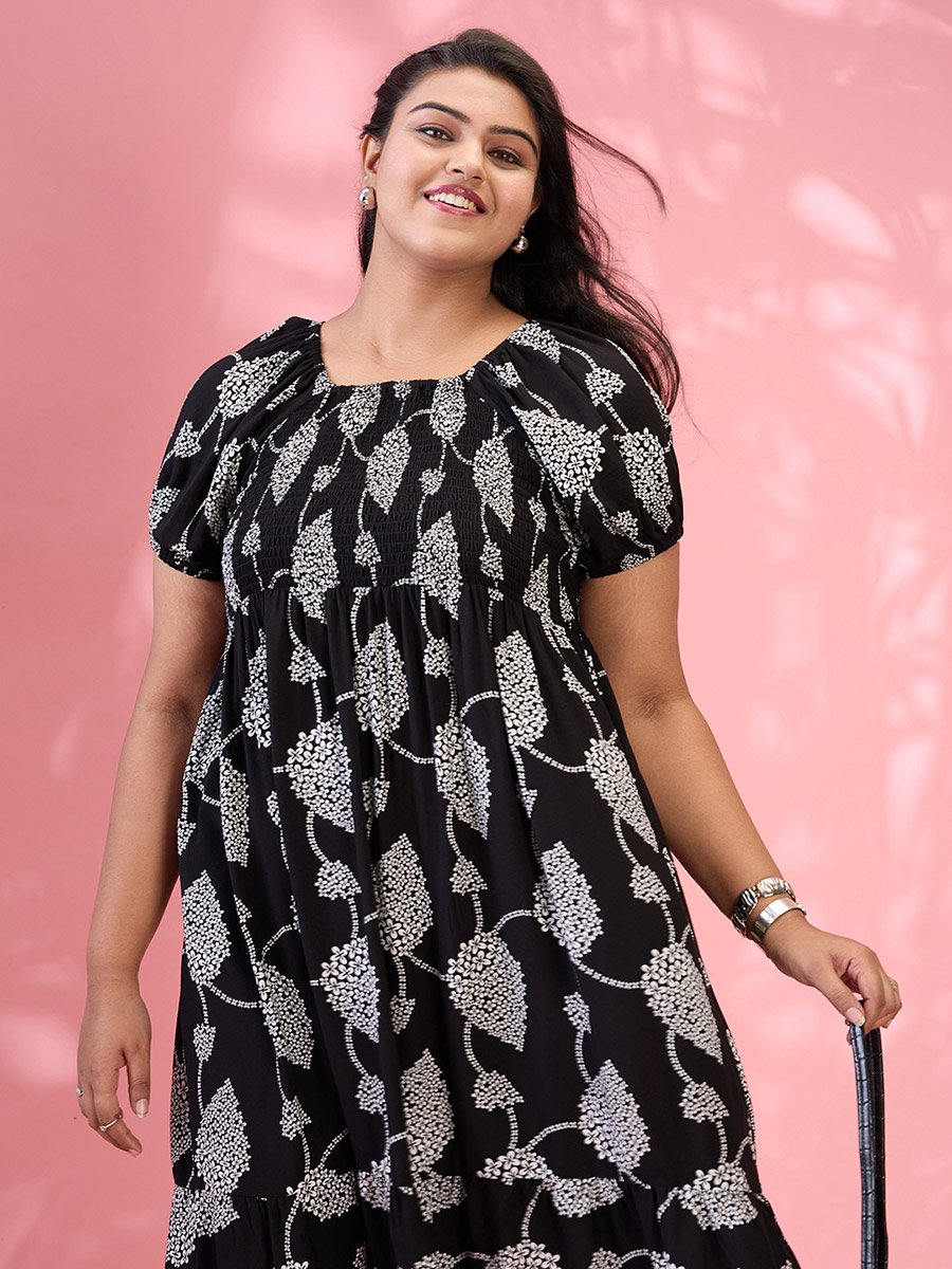 Plus Size Black Square Neck Smocked Dress
