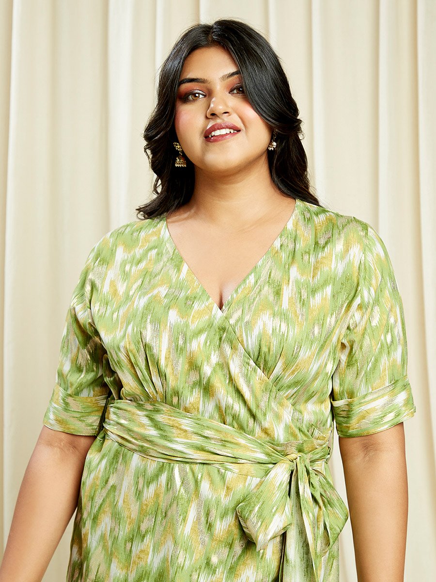 Plus Size Green Chevron Print Wrap Midi Dress For Women at UAE | Styli