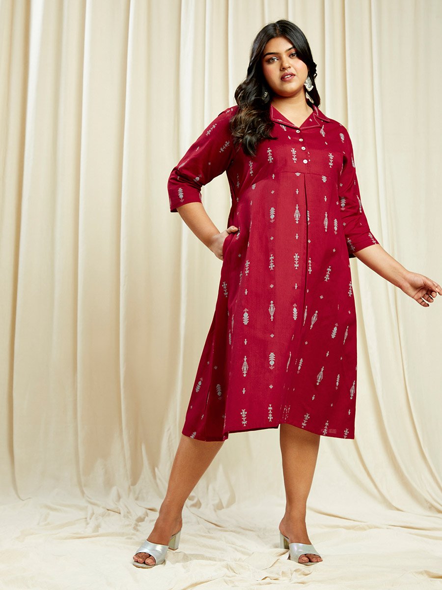 Plus Size Maroon Ethnic Print Midi Dress