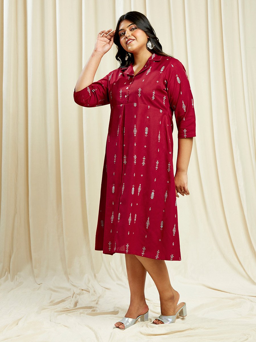 Plus Size Maroon Ethnic Print Midi Dress