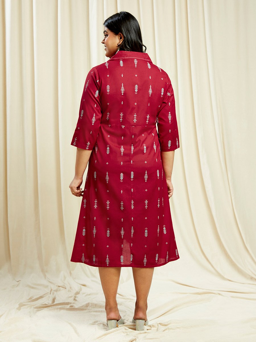 Plus Size Maroon Ethnic Print Midi Dress