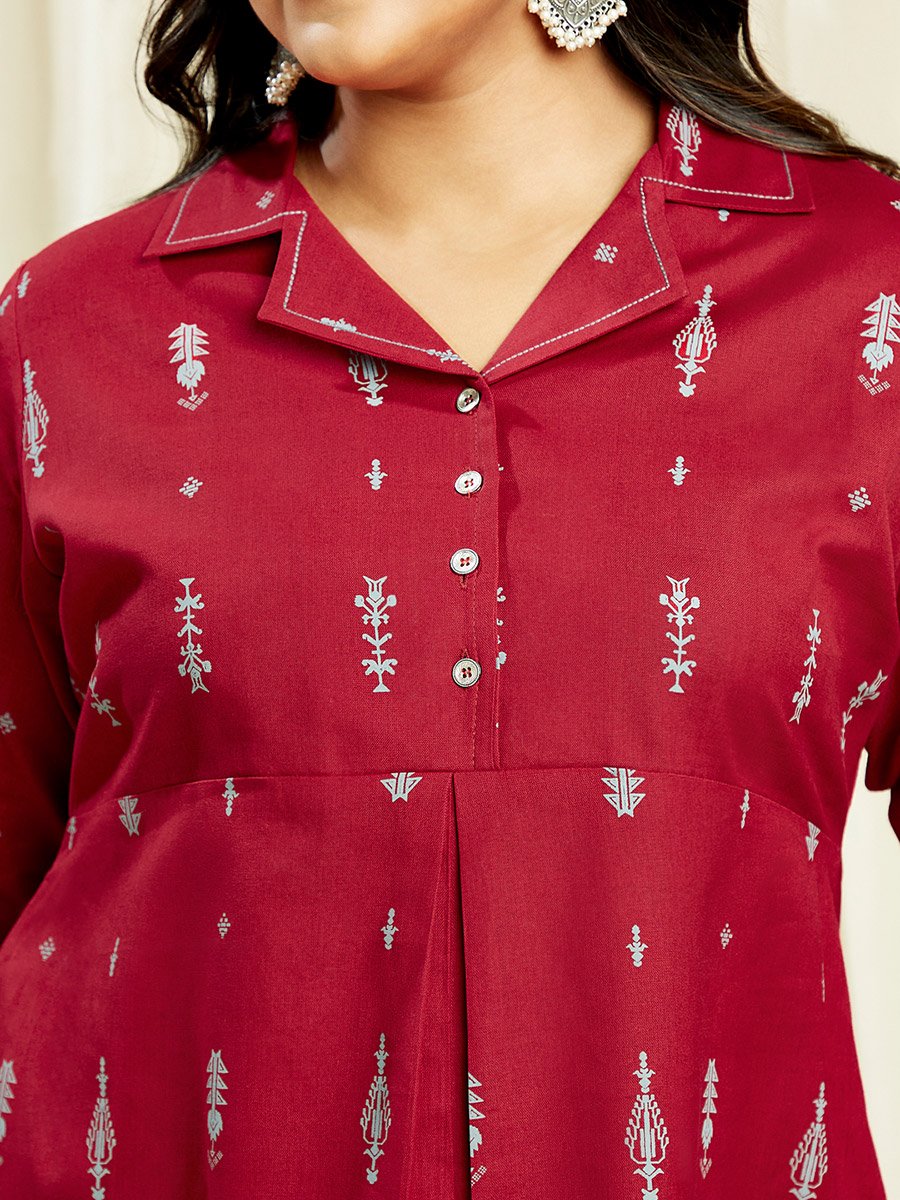 Plus Size Maroon Ethnic Print Midi Dress
