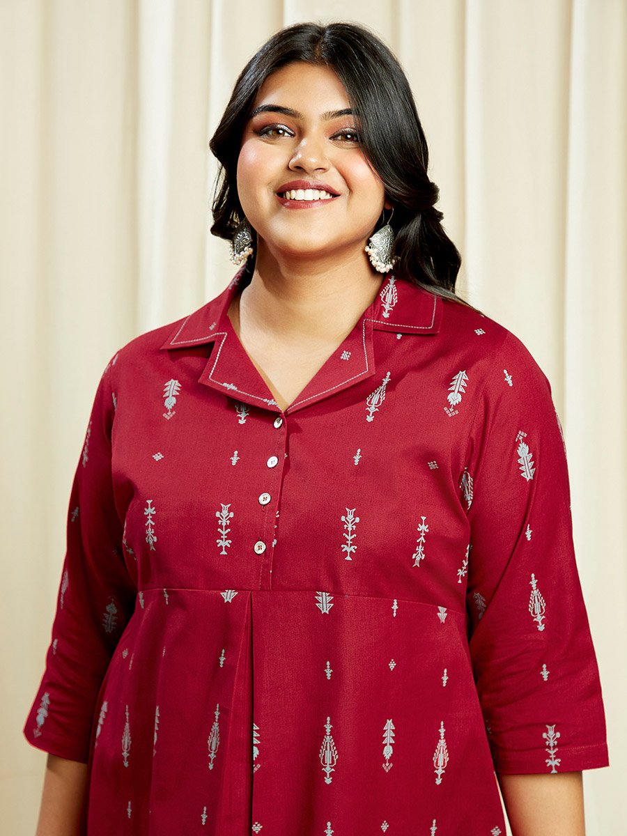 Plus Size Maroon Ethnic Print Midi Dress