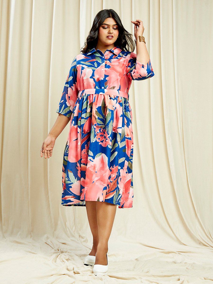 Plus Size Blue Floral Print Belted Midi Dress