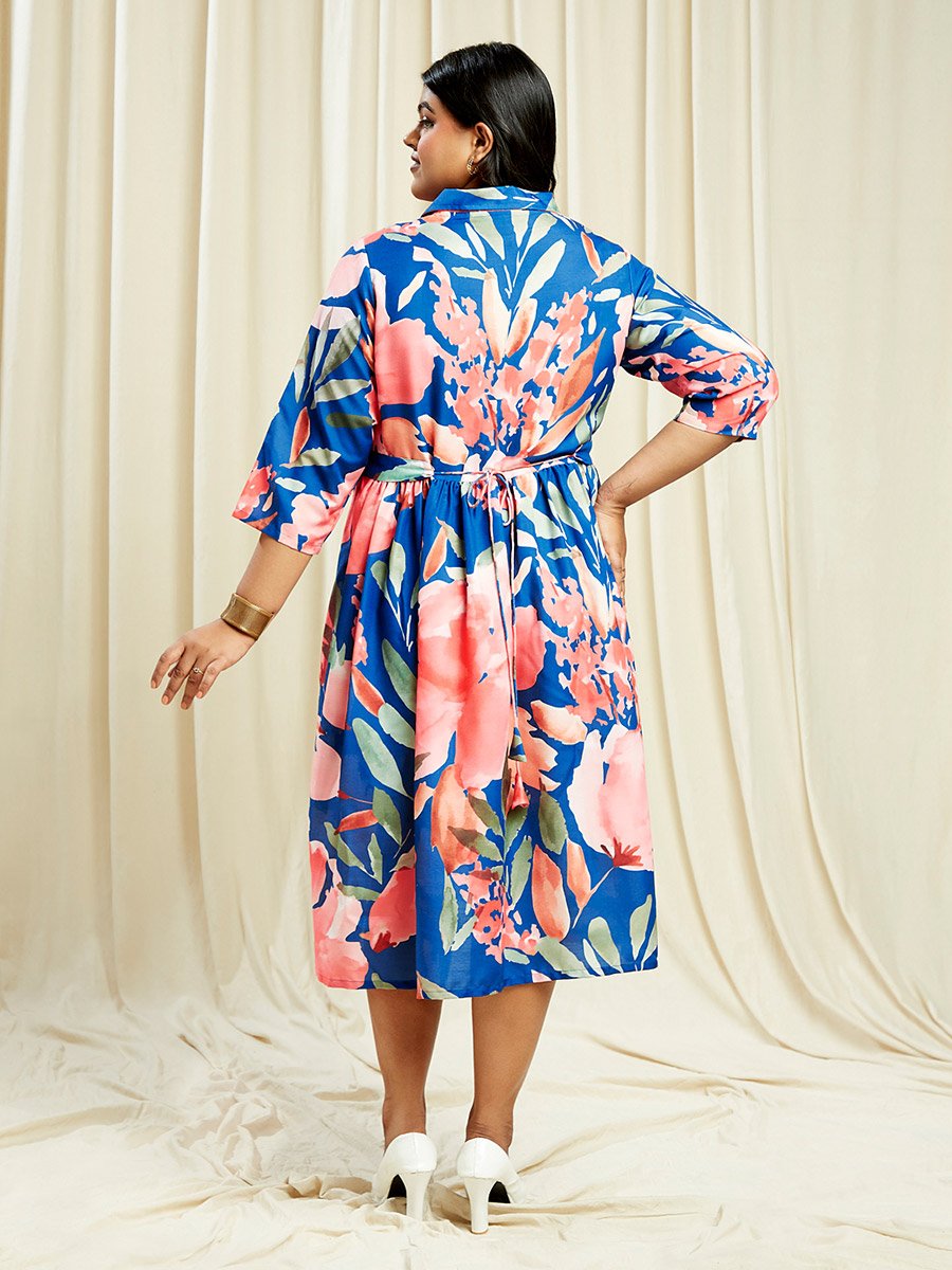 Plus Size Blue Floral Print Belted Midi Dress