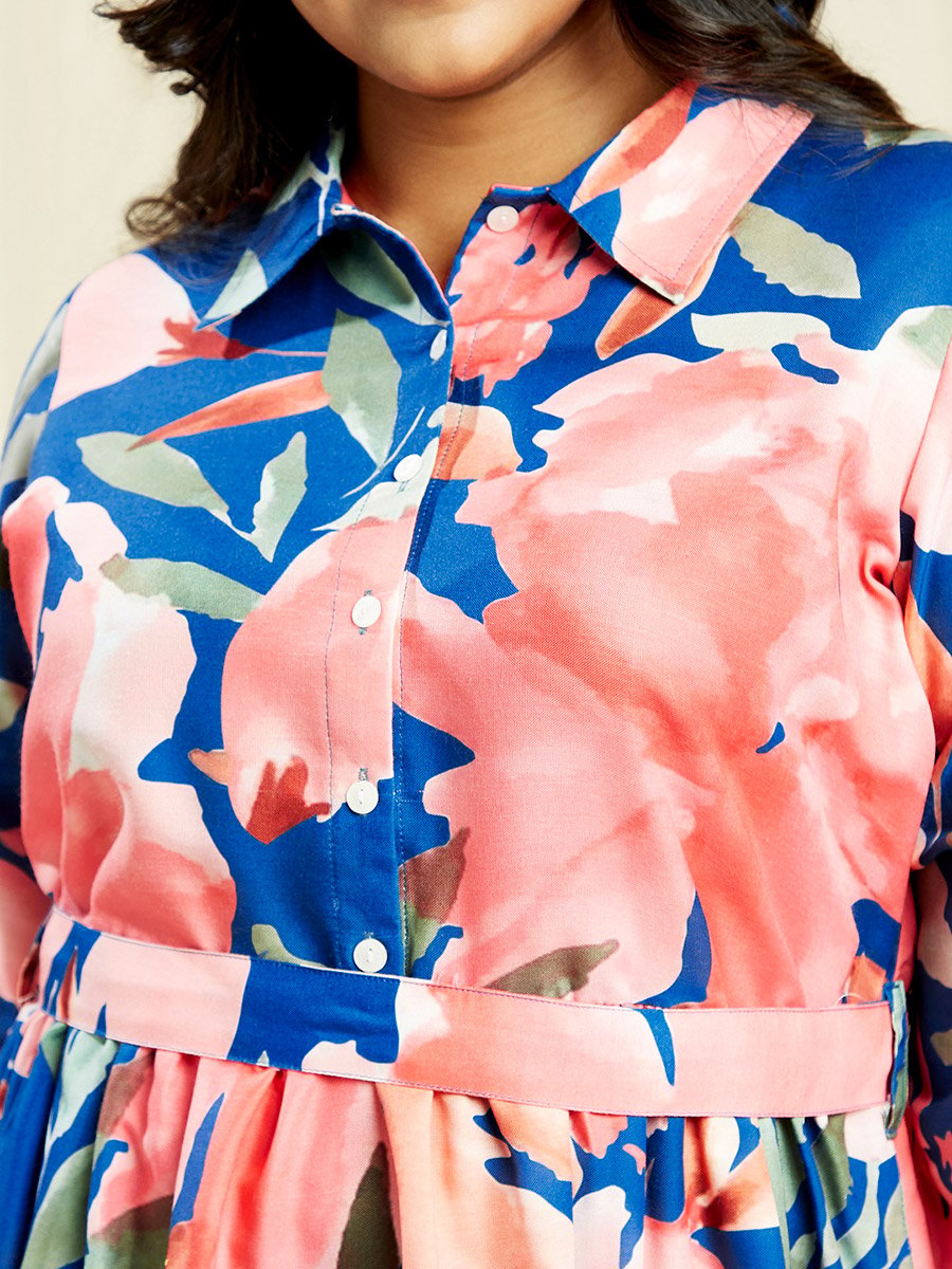 Plus Size Blue Floral Print Belted Midi Dress