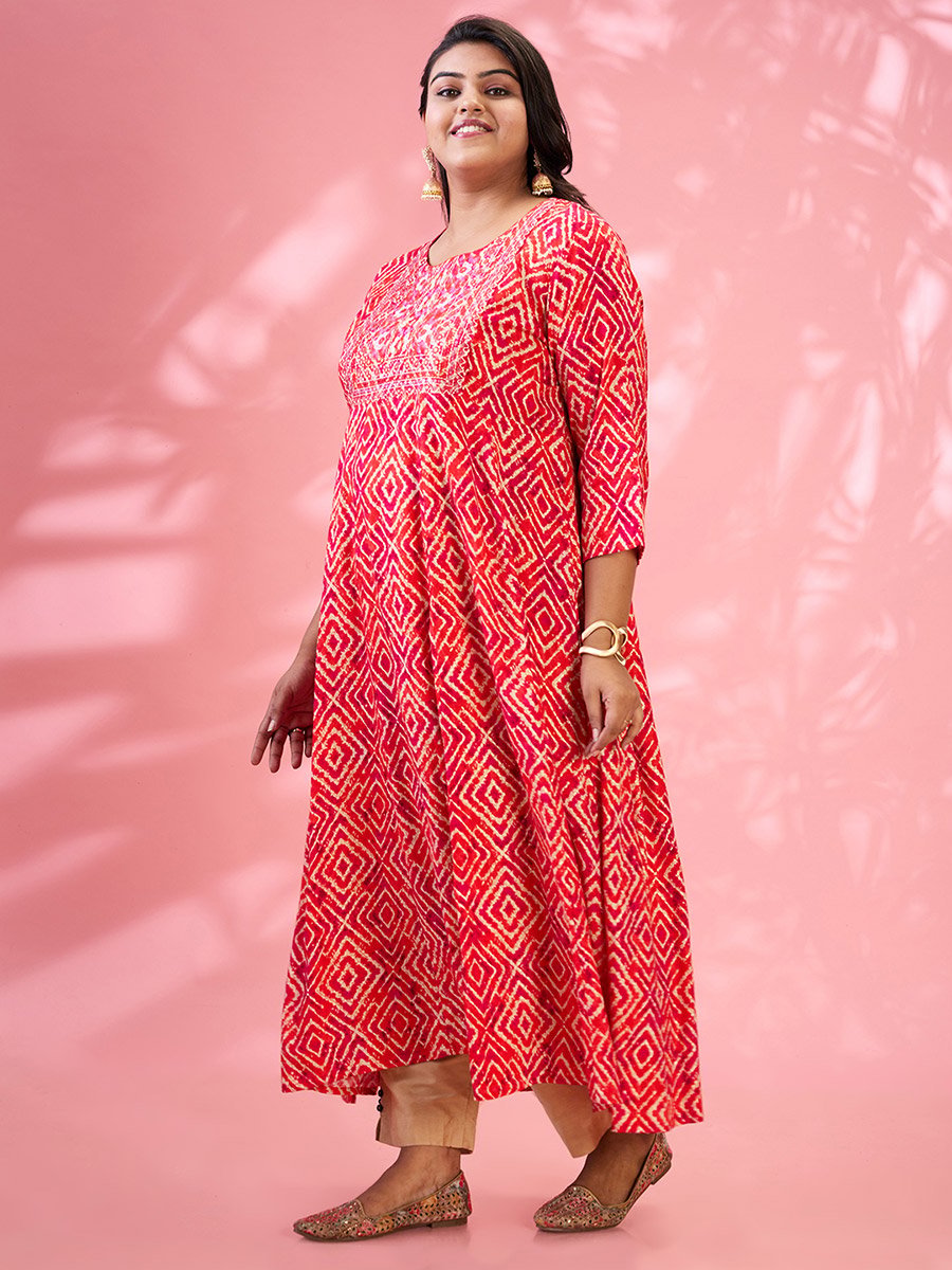 Plus Size Red Geometric Print A-Line Kurta