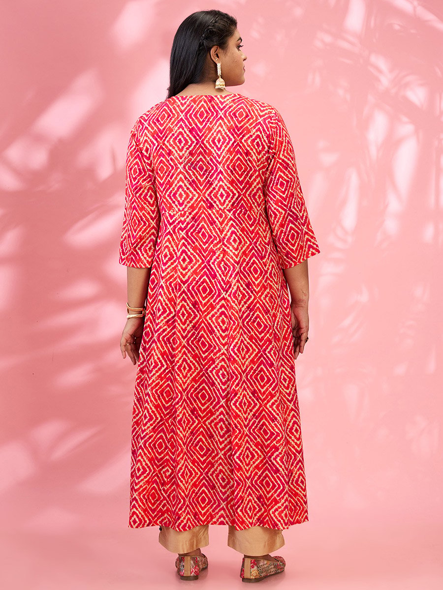 Plus Size Red Geometric Print A-Line Kurta