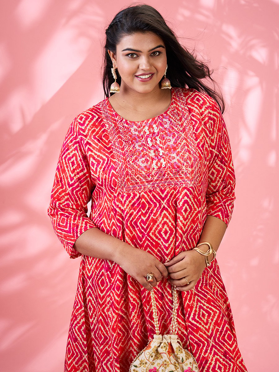 Plus Size Red Geometric Print A-Line Kurta