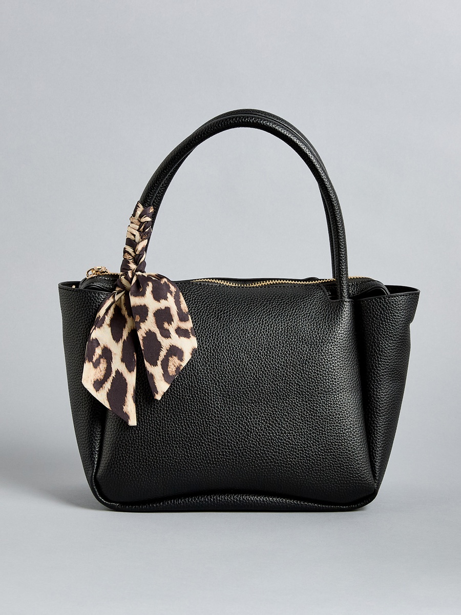 Scarf Accent Tote Bag with Detachable Strap and Zip Closure