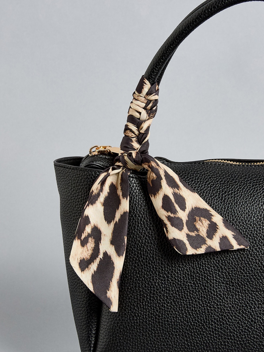 Scarf Accent Tote Bag with Detachable Strap and Zip Closure