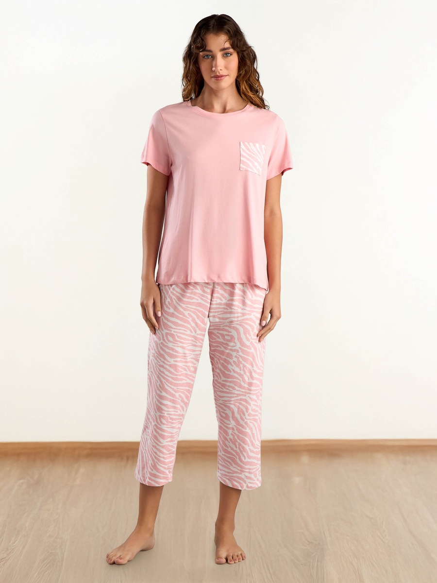 Plain T-Shirt and Animal Print Pyjama Set