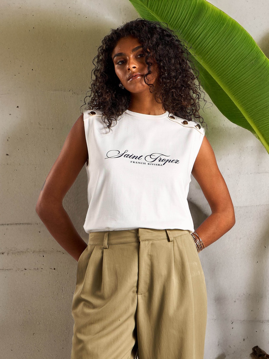 Typographic Print Top with Button Detail