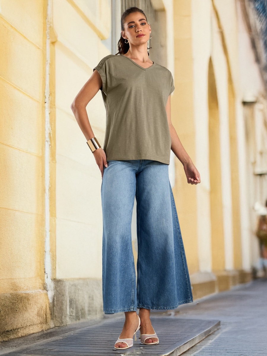 Crochet Textured T-Shirt with Extended Sleeves