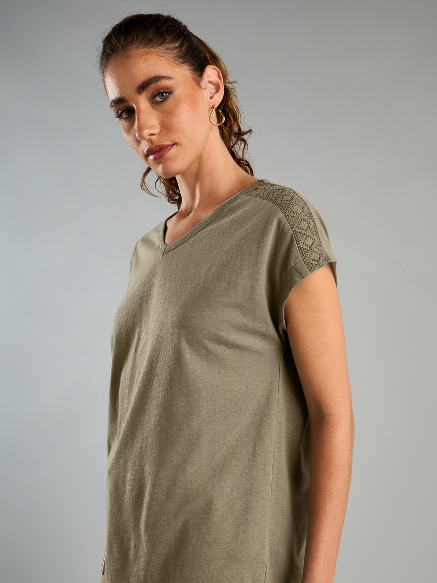 Crochet Textured T-Shirt with Extended Sleeves