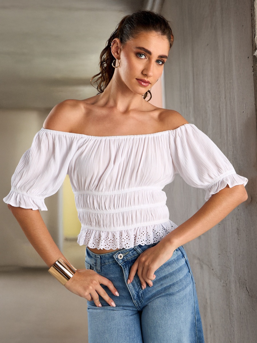 Smocking Detail Puff Sleeve Top
