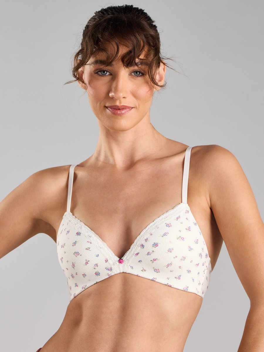 Floral Print Ribbed Padded Non-Wired Bra