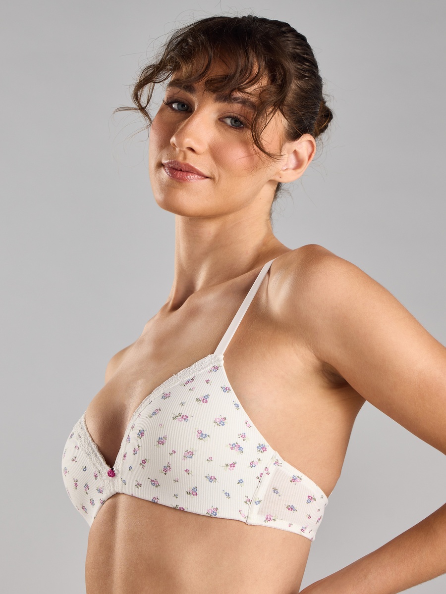 Floral Print Ribbed Padded Non-Wired Bra